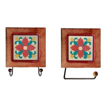 Imagem de Kit de Banheiro Artesanal com Ladrilho Hidráulico 1 Cabideiro Duplo + 