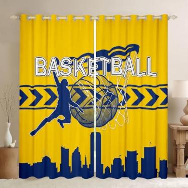 Imagem de Cortinas de janela de basquete, cortina de janela moderna esportiva de atleta amarelo marinho para quarto, cortinas silhueta da cidade de Indiana Americana, 2 painéis para adultos e adolescentes, 106