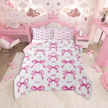 Imagem de Feelyou Conjunto de edredom com laço rosa, tamanho casal, fofo, com laço, para crianças, meninos, meninas, edredom para decoração de quarto, microfibra, 3 peças com 2 fronhas