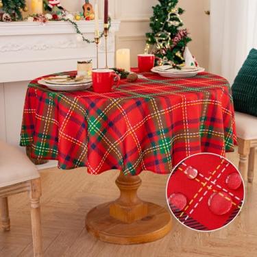 Imagem de Romanstile Toalha de mesa redonda xadrez vermelha de Natal - 177 cm - capa de mesa quadriculada resistente a manchas de água, toalha de mesa de poliéster lavável para jantar de Natal, decoração de
