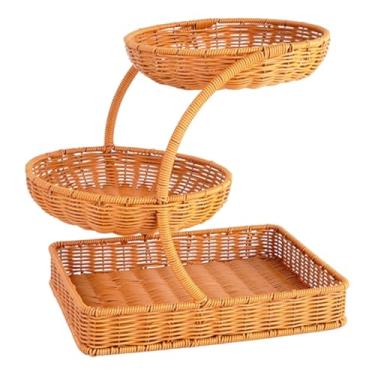 Imagem de ＫＬＫＣＭＳ Cesto de frutas multifuncional de 3 níveis em imitação de rattan para sala de estar, 33x25x34cm, porta-lanches e organizador de pão.