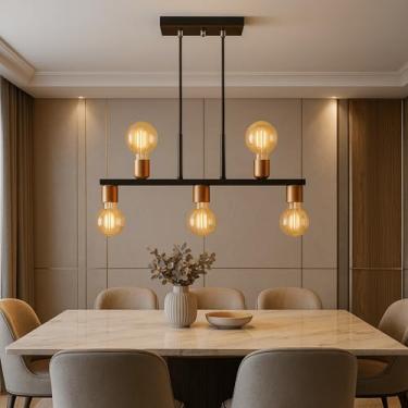 Imagem de Luminária de Teto Lustre Pendente Tugson 5 Lâmpadas Industrial (Estilo Jabuticaba) (Preto/Cobre Flex)