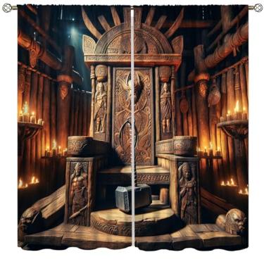 Imagem de Cortinas da tribo Viking, martelo e trono, totens de Thor, mitologia nórdica, decoração de janela, tratamentos para cozinha, meninos, adolescentes, quarto, sala de jantar, 106,7 cm L x 113 cm C