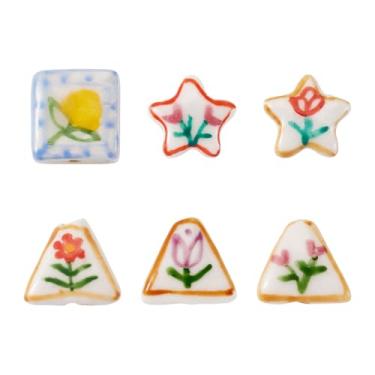 Imagem de Cheriswelry 6 peças de contas de porcelana de flores artesanais de cerâmica contas de artesanato estrela triângulo quadrado espaçador solto 15,5-16,5 mm para artesanato faça você mesmo colar pulseira