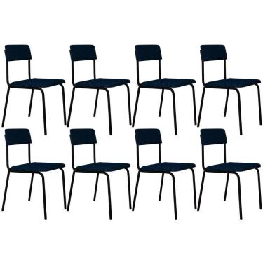 Imagem de Kit 08 Cadeiras Estofada Para Sala De Jantar Sense Preto C01 Linho Azul Escuro - Lyam Decor