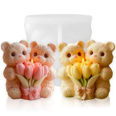 Imagem de 1 molde de vela de tulipa segurando urso de pelúcia, molde de resina epóxi de silicone, ornamento para vela de cera faça você mesmo, arte, artesanato, bolo, chocolate, decoração de casa, presente de