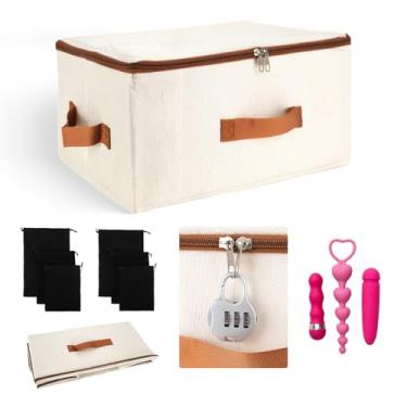 Imagem de Keepatin Caixa de armazenamento de brinquedos adultos com 6 sacos de cordão, bolsa de armazenamento dobrável e lavável para organização segura e privada 38 x 25 x 15 cm estojo de brinquedo adulto