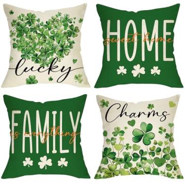 Imagem de Fjfz Capas de almofada decorativas Dia de São Patrício 45,7 x 45,7 cm Conjunto de 4, Lucky Charms Trevo Amor Coração Varanda Decoração ao ar livre, Primavera Irlandesa Casa Sweet Home Sofá Sofá Capa