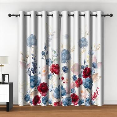Imagem de Cortinas blackout florais aquarela azul rosa vermelho peônia flor florida cortinas de janela com isolamento térmico para sala de estar quarto flores silvestres folhas ramos cortinas de janela 106 x