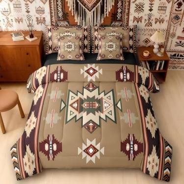 Imagem de Erosebridal Conjunto de edredom solteiro ocidental com lençol | Conjunto de cama geométrico de 7 peças boêmio asteca em uma bolsa, tribo étnica e flecha, marrom