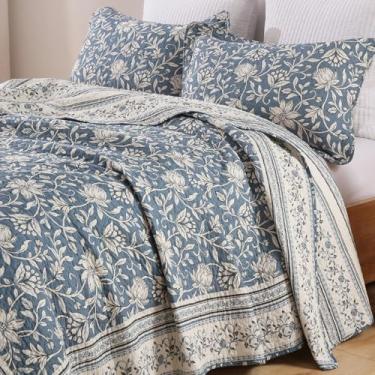 Imagem de PANGUSHAN Conjunto de colcha King Size - Conjunto de edredom King 100% algodão, colcha floral vintage com 2 fronhas, roupa de cama leve reversível, colcha de cama king para todas as estações, azul