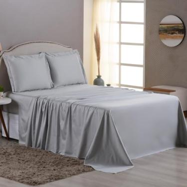 Imagem de Jogo de Lençol 600 Fios 100% Algodão Egípcio, Tecido Percal 600 Fios, Toque Macio e Gelado, 03 e 04 peças (Cinza, Casal 03 Peças)