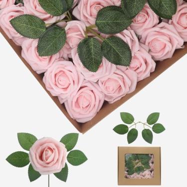 Imagem de YEHLIABO Flores artificiais de espuma de aparência real, conjunto de flores artificiais de rosa para casamento para buquês de casamento, decorações de arranjos de flores (rosa claro, 50)