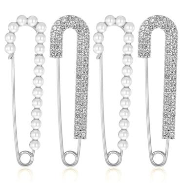 Imagem de Yuomeaz Broche de segurança de 4 peças, alfinetes de segurança de strass elegantes de prata para mulheres, broches decorativos grandes para roupas, chapéus, xaile