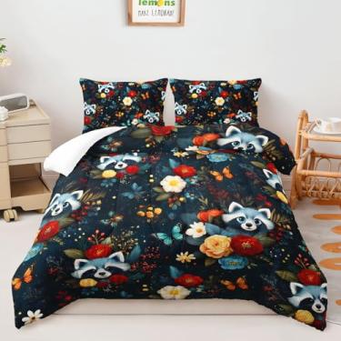 Imagem de AILONEN Conjunto de edredom de guaxinim fofo, tamanho Queen, 3 peças, estampa floral de guaxinim, para crianças e adultos, edredom com tema de animal de desenho animado com 2 fronhas, todas as