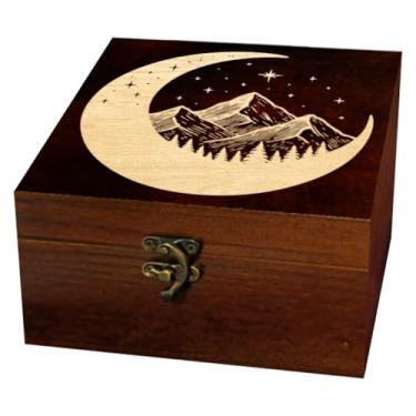 Imagem de arricraft 1 caixa de armazenamento de lembranças, lua crescente, estrelas, montanhas, floresta, pinho, quadrado, cartão de tarô, caixa de memória para aniversário de casamento, 12 x 12 x 6 cm (4,72 x