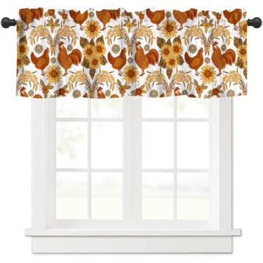 Imagem de VUMIVI Cortina de galinhas rústica, animais de fazenda, orelhas douradas, flores silvestres vermelhas, decoração de casa, bolso de varão, tratamentos de janela para cozinha, sala de jantar, cafeteria