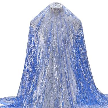 Imagem de MAYJOYDIY Tecido de lantejoulas onduladas azul escuro 150 cm de largura com glitter bordado tule linha ondulada tecido de rede de costura dourada para vestido de casamento, roupa de festa, toalha de