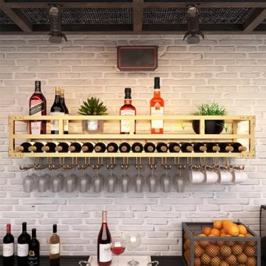 Imagem de Prateleira de vinho montada na parede com luzes Garrafas de vinho industriais Prateleiras flutuantes de vidro com suporte de taça, plantas modernas, fotos, exibição de vinho, suporte de armazenamento