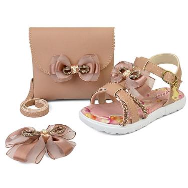 Imagem de Kit Sandália Esportiva Infantil Feminina Laço Menina Luxo Bolsa e Presilha Nude/Glitter Mzkid-Feminino