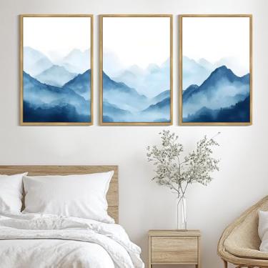 Imagem de Drsoum Blue Fog Mountains Paisagem Arte de Parede Emoldurada Natureza Vintage Impressão Nórdica Neblina Tinta Aquarela Boho Casa de Fazenda Arte Rústica Corredor Quarto Pronto para Pendurar 61 x 91 cm