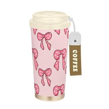Imagem de SEHANY Linda caneca de viagem rosa com laço de bolinhas 482 g Copos de café reutilizáveis revestidos de cerâmica com tampa à prova de vazamento, parede dupla, isolamento a vácuo, copo de café de aço