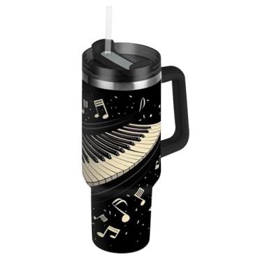 Imagem de Blueangle Copo padrão de teclas de piano de 1,134 g com alça e tampa de palha, caneca de viagem de aço inoxidável com isolamento a vácuo de parede dupla, garrafa de água reutilizável para academia de