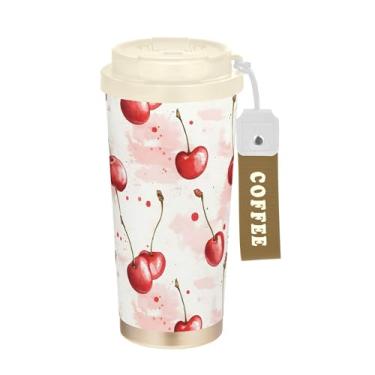 Imagem de SEHANY Caneca de viagem de cereja fofa de 482 g Copos de café reutilizáveis revestidos de cerâmica com tampa à prova de vazamento, parede dupla, isolamento a vácuo, copo de café de aço inoxidável para