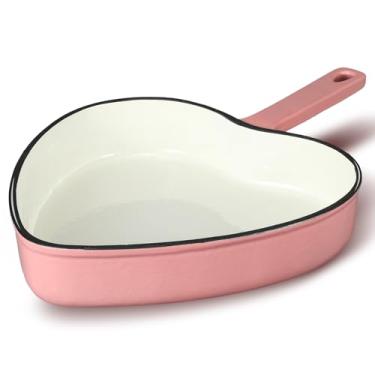 Imagem de Qinyoung Frigideira em forma de coração esmaltado de ferro fundido de 23 cm, frigideira de coração antiaderente rosa para forno e fogão, presente de cozinha romântica para o Dia dos Namorados