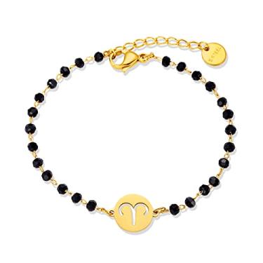 Imagem de Pulseira feminina do signo do zodíaco, pingente de signo do zodíaco de aço inoxidável dourado, pulseira de corrente de contas pretas e signo do zodíaco, presentes adequados para mulheres, One Size