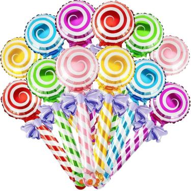 Imagem de Balões metalizados em forma de pirulito, 47 cm, coloridos, 12 unidades para festa