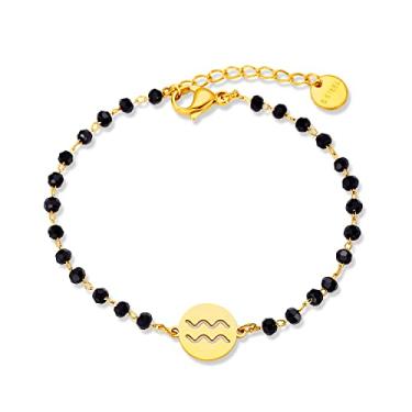 Imagem de Pulseira feminina do signo do zodíaco, pingente de signo do zodíaco de aço inoxidável dourado, pulseira de corrente de contas pretas e signo do zodíaco, presentes adequados para mulheres, One Size