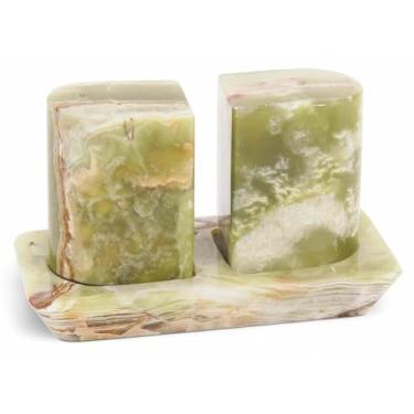Imagem de Radicaln Conjunto de saleiro e pimenteiro de mármore – Essenciais de cozinha moderna verde de 6,3 cm para cozinhar e jantar, suporte de temperos de pedra e saleros para pimenta preta, sal rosa