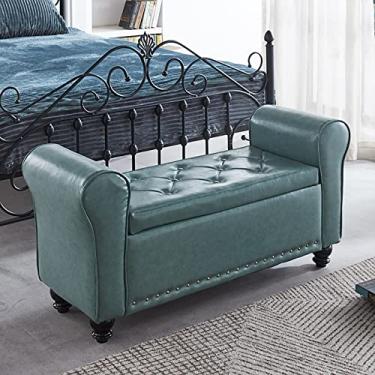 Imagem de FAMEOYA Banco otomano de armazenamento armado de couro PU, banco de armazenamento de braço enrolado, moderno banco de cama tufado, banco de entrada, banco de madeira para sofá, apoio para os pés verde