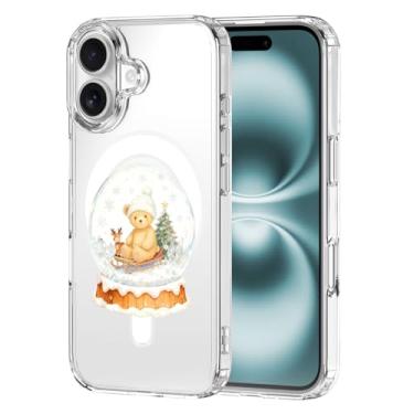 Imagem de MAYCARI Capa de telefone de Natal para iPhone 16 Plus compatível com ímã bola de cristal urso trenó transparente capa de telefone magnética para meninas mulheres TPU macio capa protetora à prova de