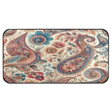 Imagem de Burbuja Tapete de cozinha retrô Paisley 51 x 99 cm, tapete lavável antiderrapante com suporte de borracha, tapete para cozinha, sala de estar, banheiro, decoração de casa
