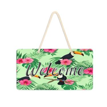 Imagem de Burbuja Placa de boas-vindas de hibisco de tucanos para porta da frente, placa de boas-vindas de PVC para pendurar na parede, decoração de férias, 15 x 28 cm
