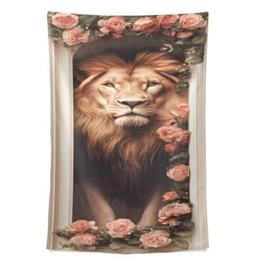 Imagem de STAYTOP Tapeçaria de parede de leão e rosa para decoração de casa, decoração de dormitório, sala de estar, quarto, tapete de parede (80 × 60 pol)