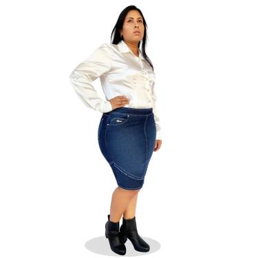 Imagem de Saia Jeans Plus Size Secretária Recorte Desfiado Dyork Moda Evangélica