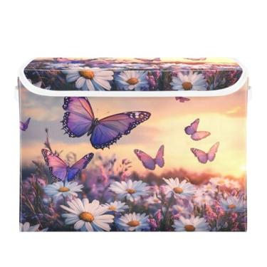 Imagem de CEBUGI Caixotes de armazenamento com tampas, caixa de armazenamento de tecido dobrável, borboletas, margaridas brancas, caixas organizadoras para armário de casa, prateleiras de quarto, 40 x 30 x 30