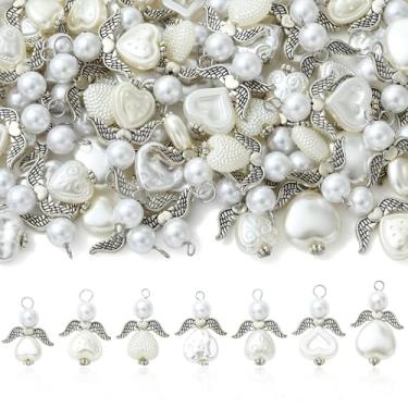 Imagem de UR URLIFEHALL 70 peças, 7 estilos de pingentes de asa de anjo de pérola de plástico ABS, pingentes de contas de coração de fada para colar, pulseira, brinco, chaveiro, artesanato faça você mesmo