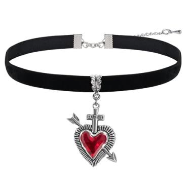 Imagem de Navirix Colar gargantilha de coração para mulheres, colar gargantilha de veludo dos anos 90, joia gótica, coração vermelho gótico, colares holloween, Large, Liga de aço, Sem Pedra Preciosa