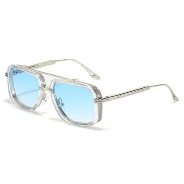Imagem de HCPIHF Óculos de sol retrô de metal com ponte dupla, óculos de luxo femininos, degradê, masculino, punk, uv400 (azul transparente)