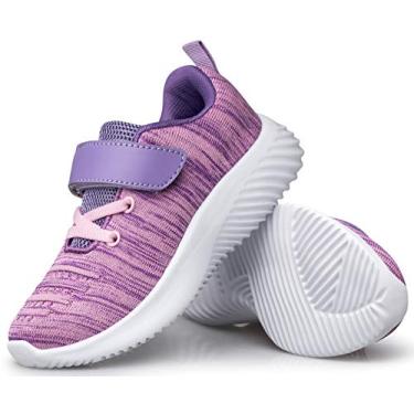 Imagem de Wonvatu Tênis infantil infantil para meninos e meninas com alça fofa para caminhada atlética e corrida, Roxo/rosa, 2 Little Kid
