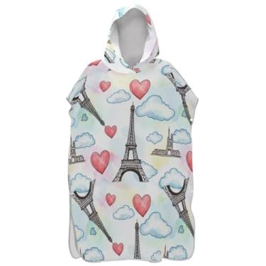 Imagem de Joisal Lindo roupão de surfe branco com corações da Torre Eiffel, para adultos, poncho masculino com capuz, estampa de toalha de praia