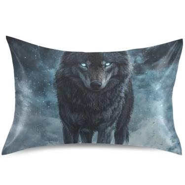 Imagem de Travesseiro de cetim com pintura a óleo de lobo padrão Queen King Size travesseiro bonito refrescante, presentes de vida saudável, tamanho Queen, 76 cm x 50 cm