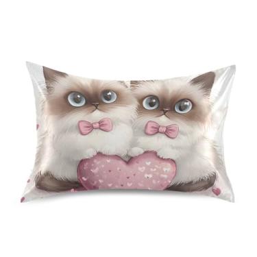 Imagem de Lindos gatos siameses coração rosa cetim fronhas engraçadas personalizadas refrescantes King Queen almofadas padrão decoração de cama king size 101,6 cm x 50,8 cm