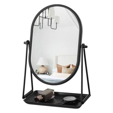 Imagem de Gosider Espelho de mesa de mesa com suporte espelhos de mesa portáteis espelho de maquiagem oval moldura de metal preto 360° Espelhos cosméticos giram bom para escritório, quarto, banheiro, dormitório