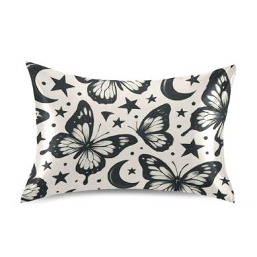 Imagem de Fronha padrão King Queen preto branco borboletas estrela cetim fronhas bonito padrão refrescante cama fronha king size 101,6 cm x 50,8 cm