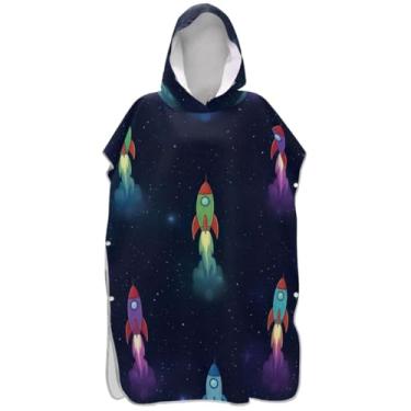 Imagem de Joisal Poncho de surfe para adultos trocador de roupões de banho toalhas com capuz leves foguetes coloridos espaço estrelado ponchos adultos para mulheres